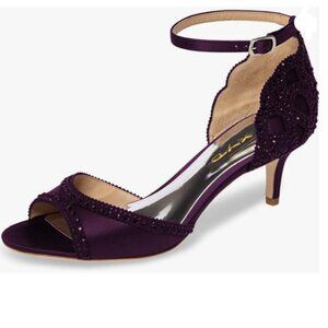 XYD Dark Purple Peep Toe D'Orsay Kitten Heel Rhinestone Studs Ankle Strap Sandal